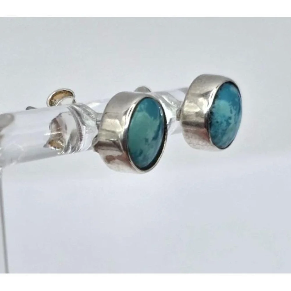 Turquoise Stud Earrings Sterling Silver 8mm Round Bezel Set Handmade Western NEW